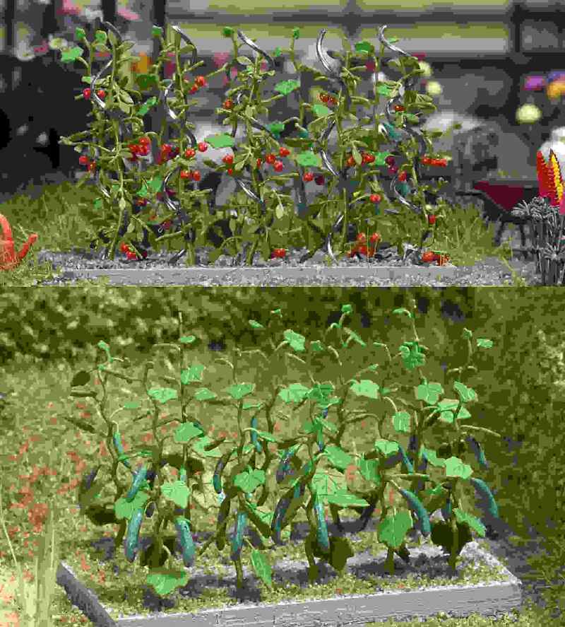 Busch H0 komkommer en tomaten planten gebruikt in modelspoor diorama tuin