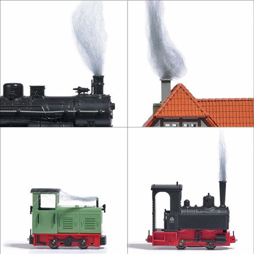 Rookwol toegepast op modelbouw diorama met stoomlocomotief en rookeffect
