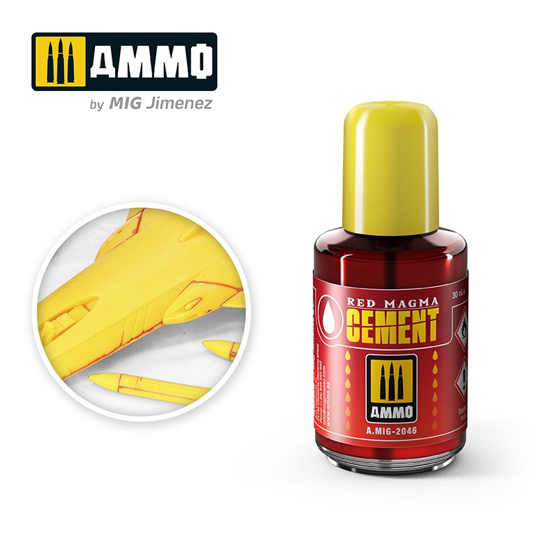 Ammo MIG 2046 Red Magma Cement modelbouw lijm met fijne tip en zichtbare applicatie