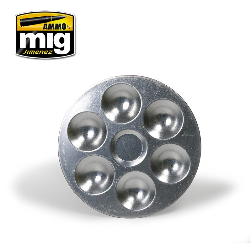 Ammo Mig aluminium mengpalet met 6 ronde vakken voor modelbouw verf